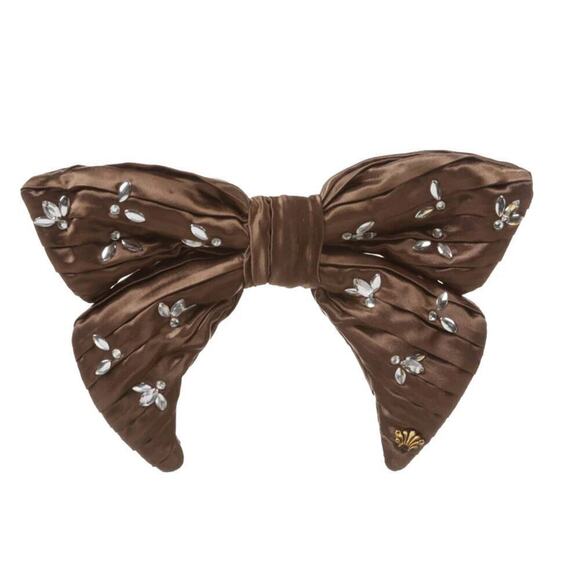 RARE Lele Sadoughi Brown Silk Crystals Chunky Bow Barrette Gold Logo - Picture 2 of 8